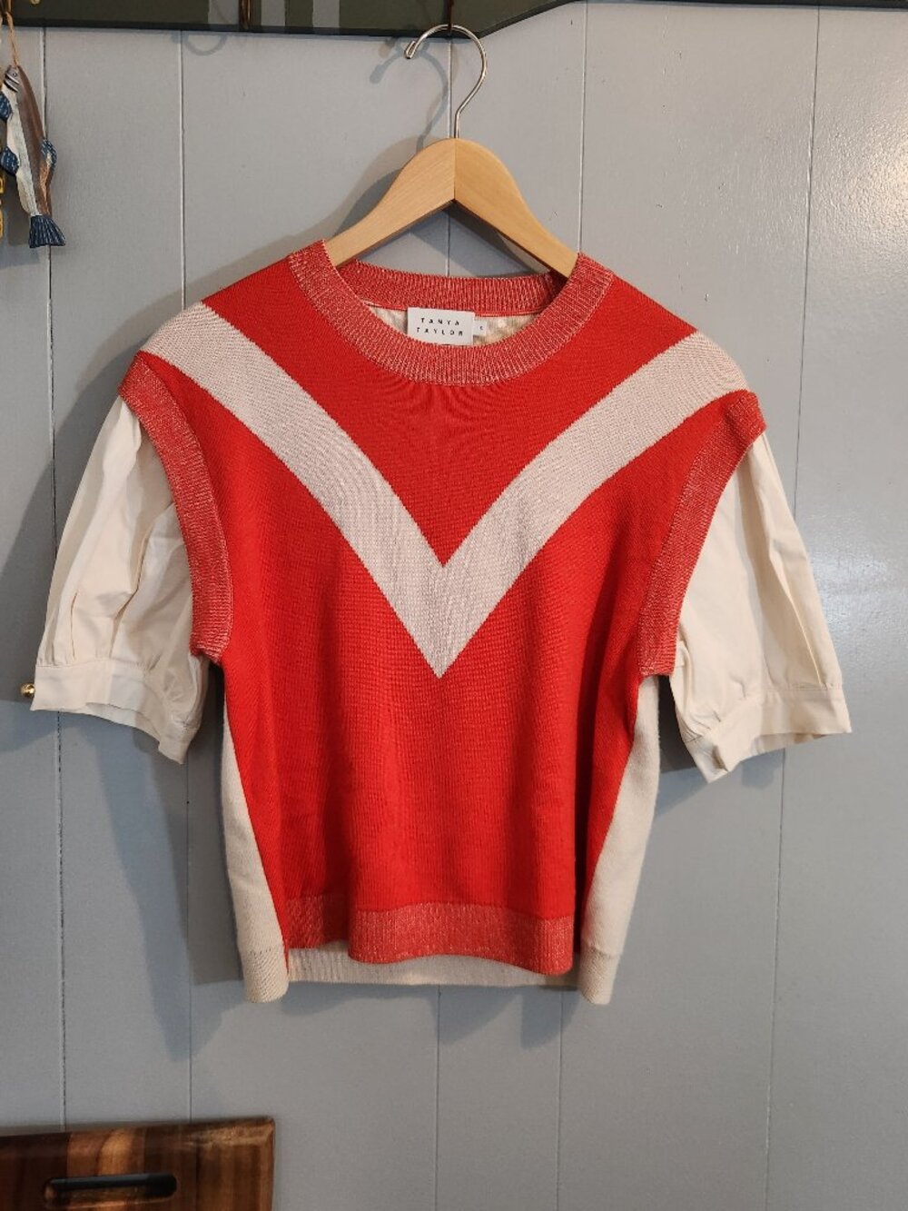 Tanya Taylor chevron mixed media short puffed sleeves sweater tshirt blouse top